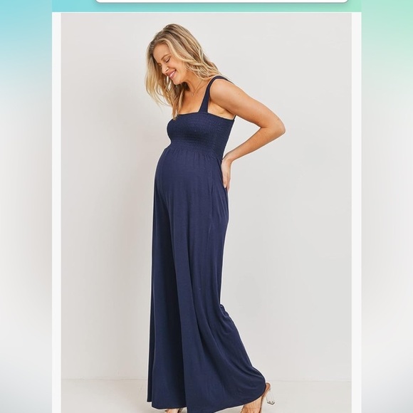 Hello MIZ Navy Smocked Square-Neck Wide-Leg Jumpsuit - Picture 2 of 4